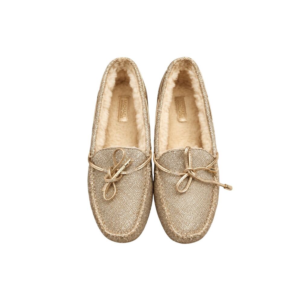 Michael Kors Sutton Gold Metallic Mesh Shearling Moccasin Slippers Chalet Winter